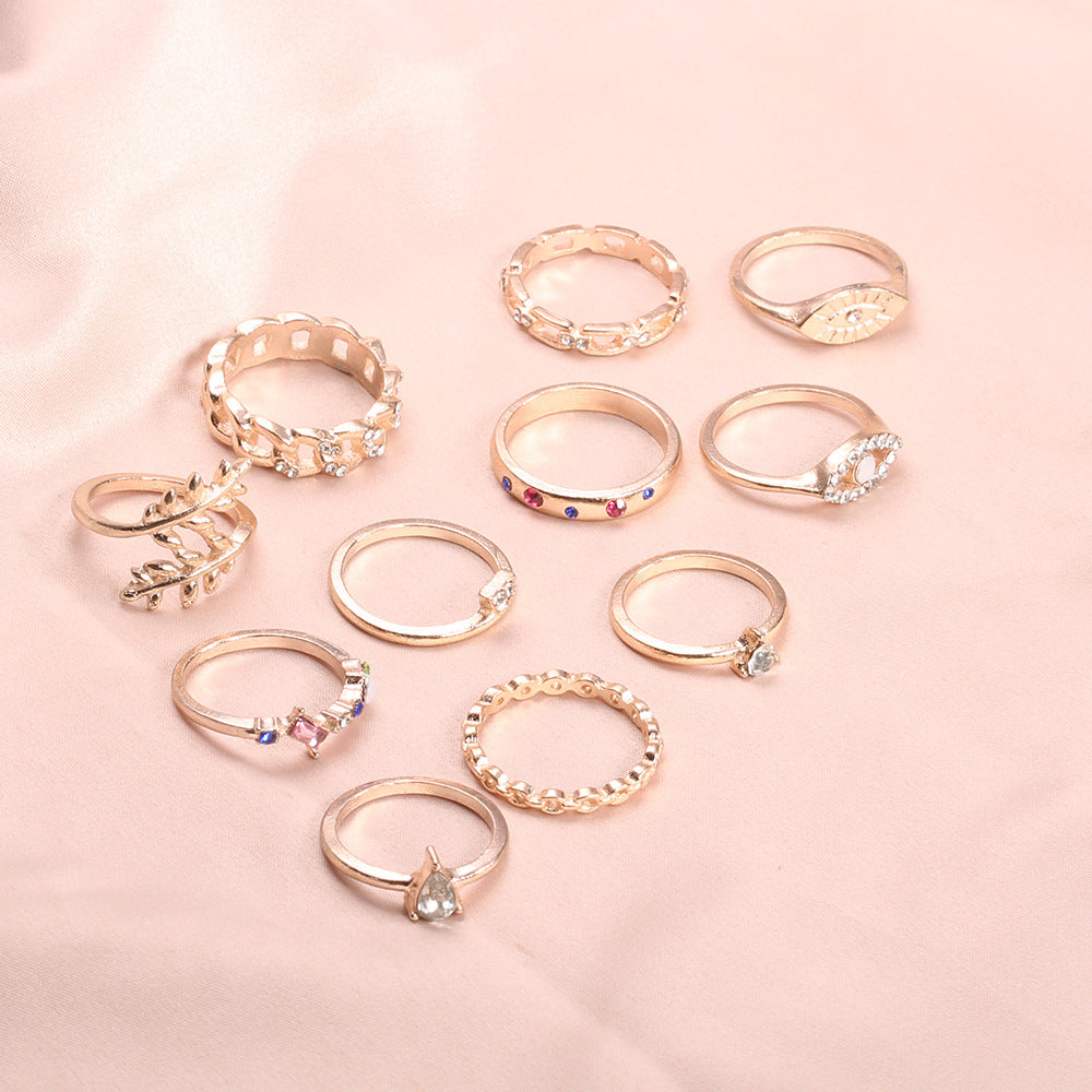 11-Piece Minimalist Bohemian Pav'e Ring Set in Goldtone Tone