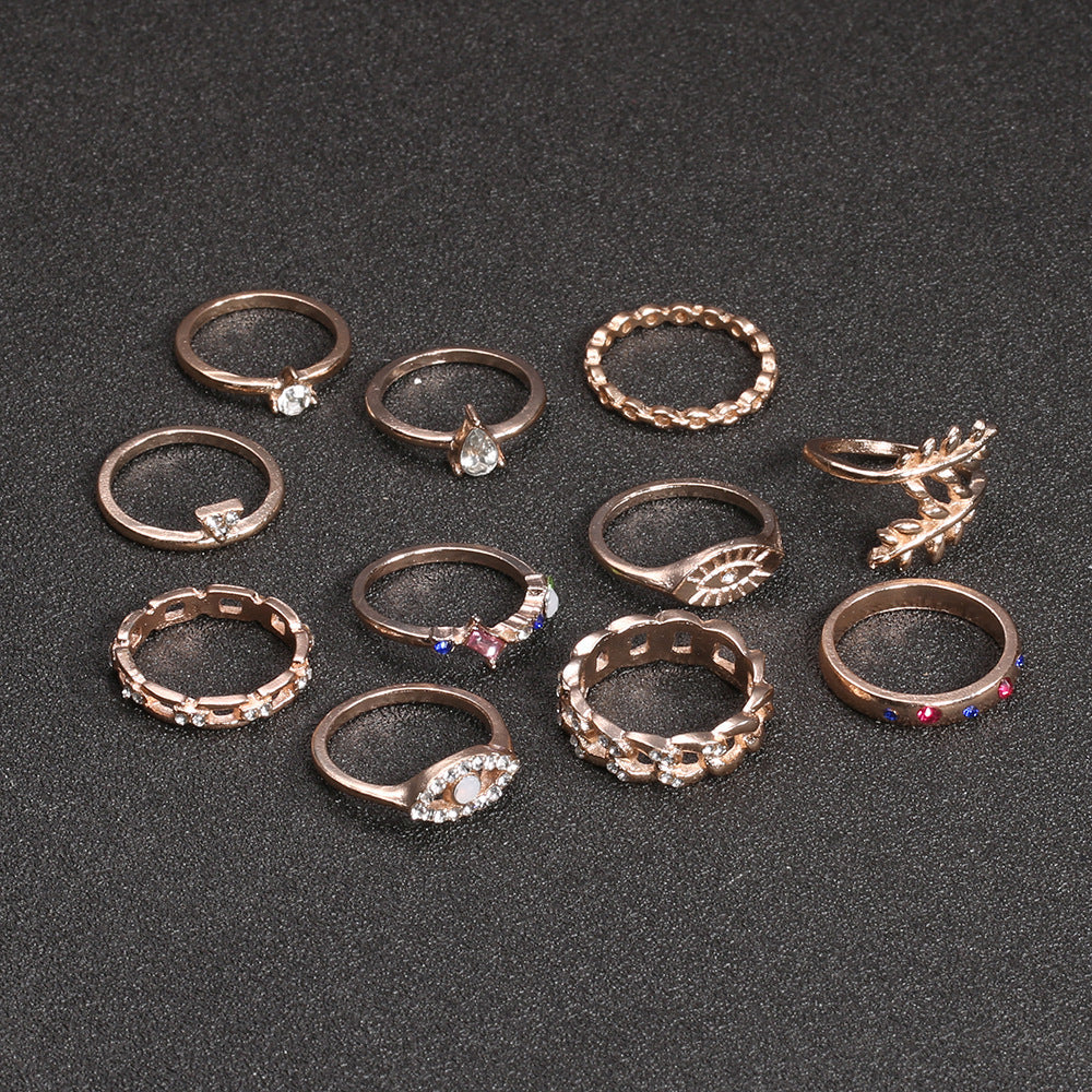11-Piece Minimalist Bohemian Pav'e Ring Set in Goldtone Tone