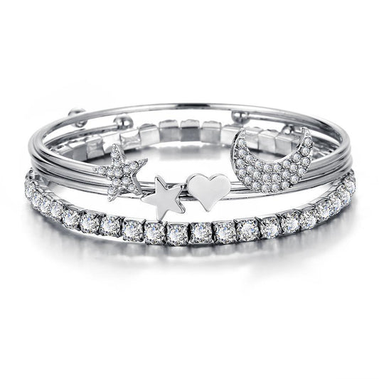 4 Piece Celestial Bangle Set With Luxe Crystals  Silvertone Bracelet ITALY Design
