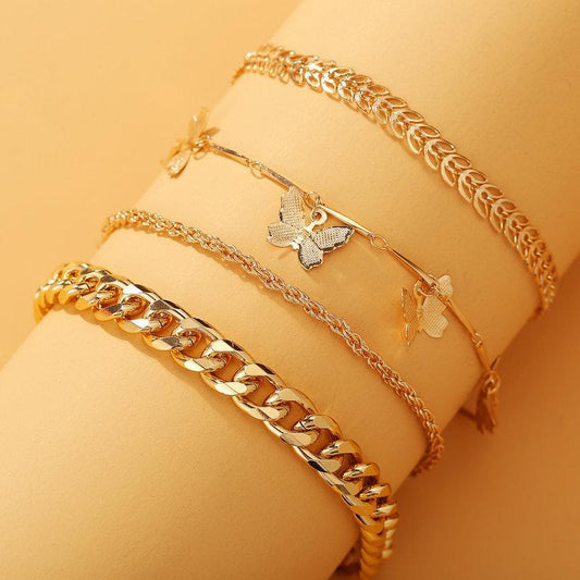 4 Piece Chain and Butterfly Bracelet Set Goldtone Bracelet ITALY Design