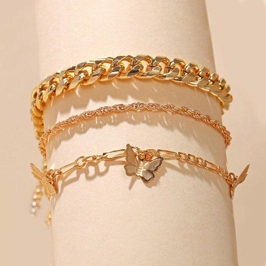 3 Piece Chain and Butterfly Bracelet Set Goldtone Bracelet ITALY Design