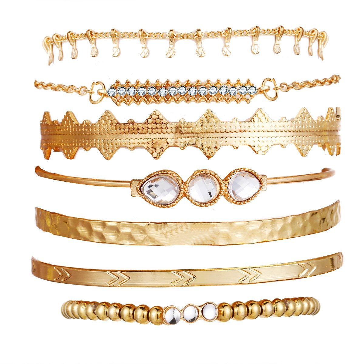 7 Piece Geometric Bangle Set With Gemstone  Crystals Goldtone Bracelet ITALY Design