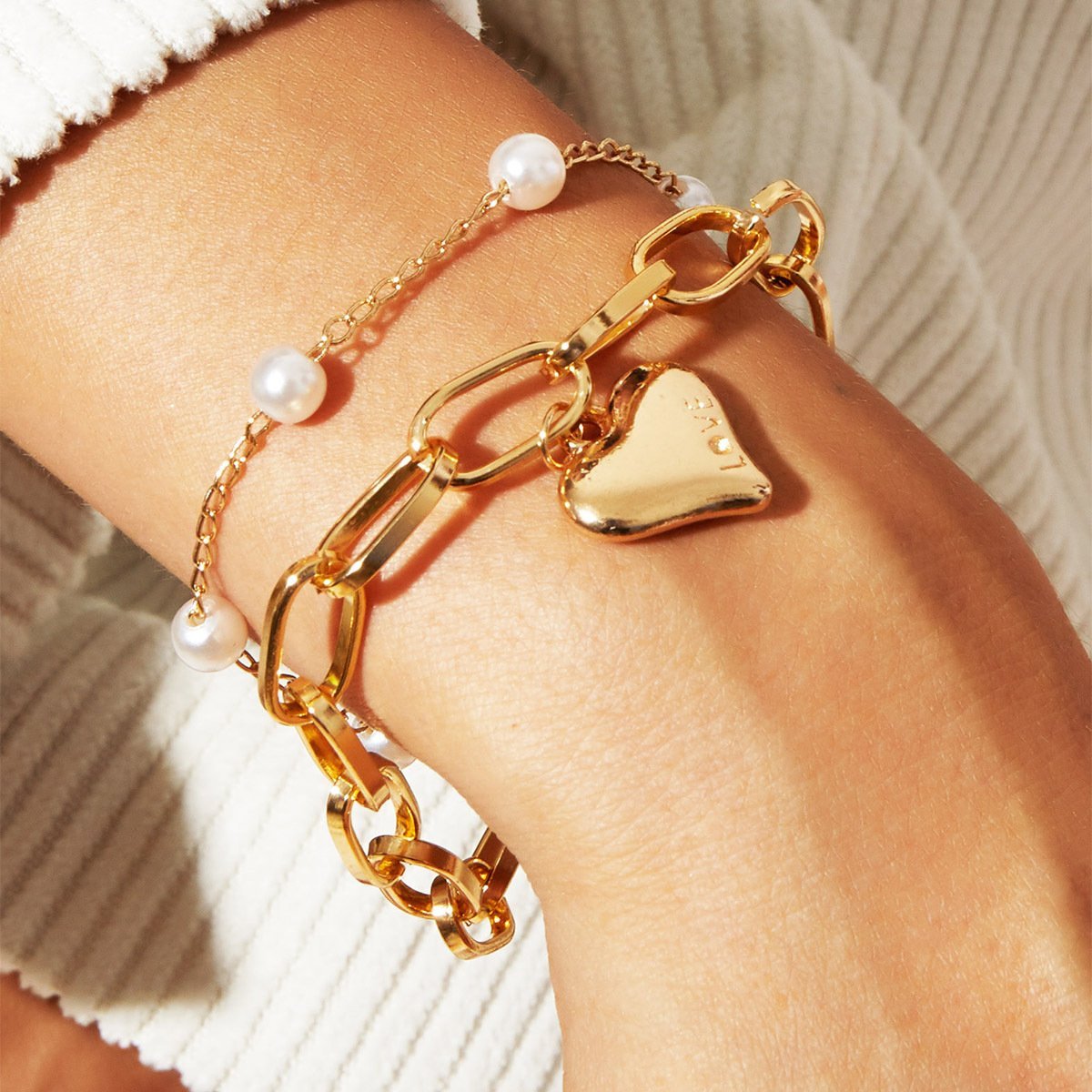 2 Piece Heart and Pearl Bracelet Set Goldtone Bracelet ITALY Design