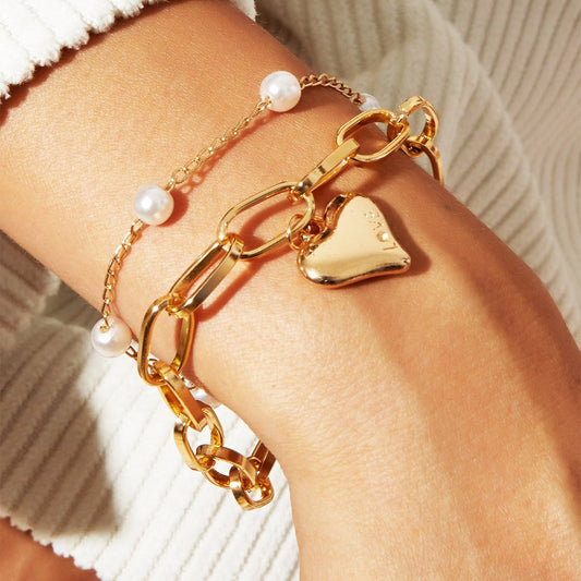 2 Piece Heart and Pearl Bracelet Set Goldtone Bracelet ITALY Design