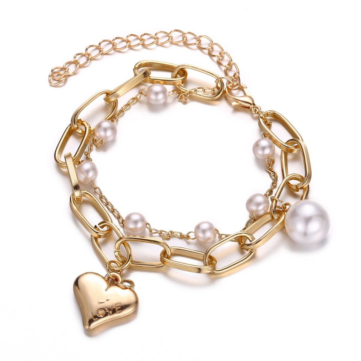 2 Piece Heart and Pearl Bracelet Set Goldtone Bracelet ITALY Design