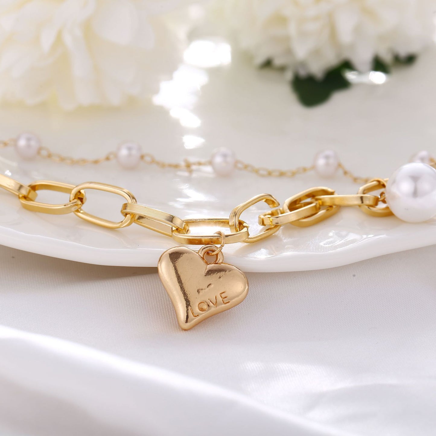 2 Piece Heart and Pearl Bracelet Set Goldtone Bracelet ITALY Design