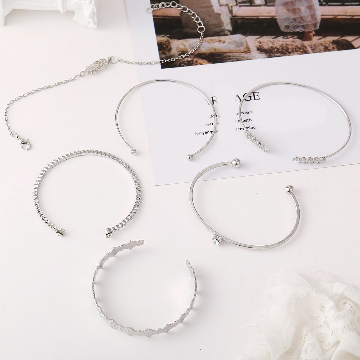 6 Piece Geometric Bangle Set With Luxe  Crystals  Silvertone Bracelet ITALY Design
