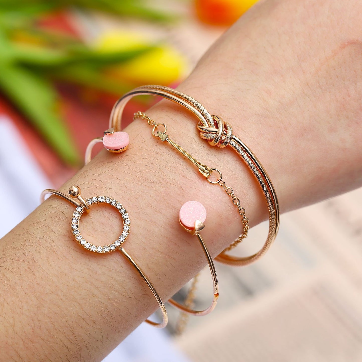 4 Piece Pink Bracelet Set With  Crystals Goldtone Bracelet ITALY Design