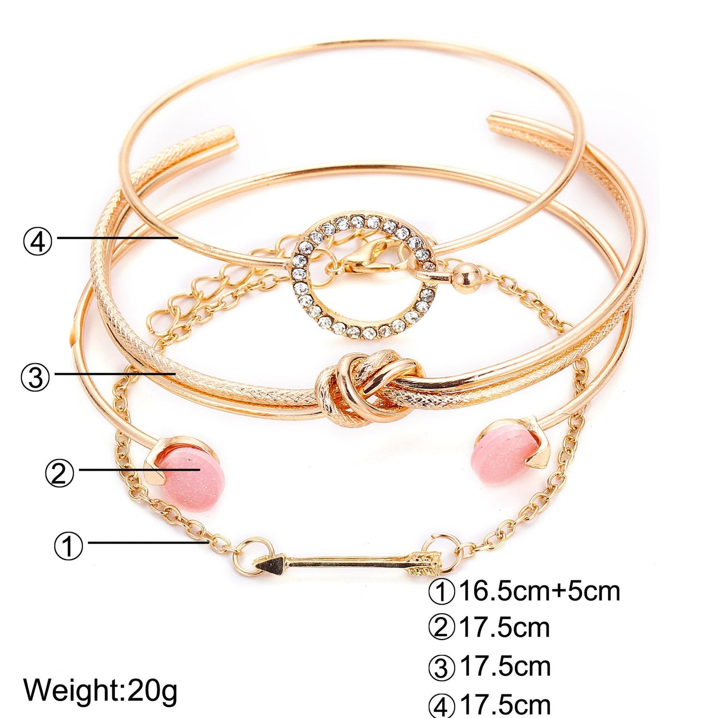 4 Piece Pink Bracelet Set With  Crystals Goldtone Bracelet ITALY Design