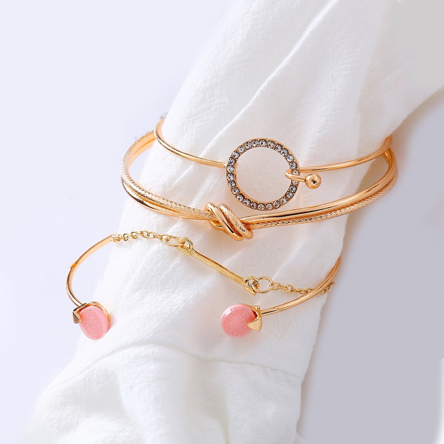 4 Piece Pink Bracelet Set With  Crystals Goldtone Bracelet ITALY Design