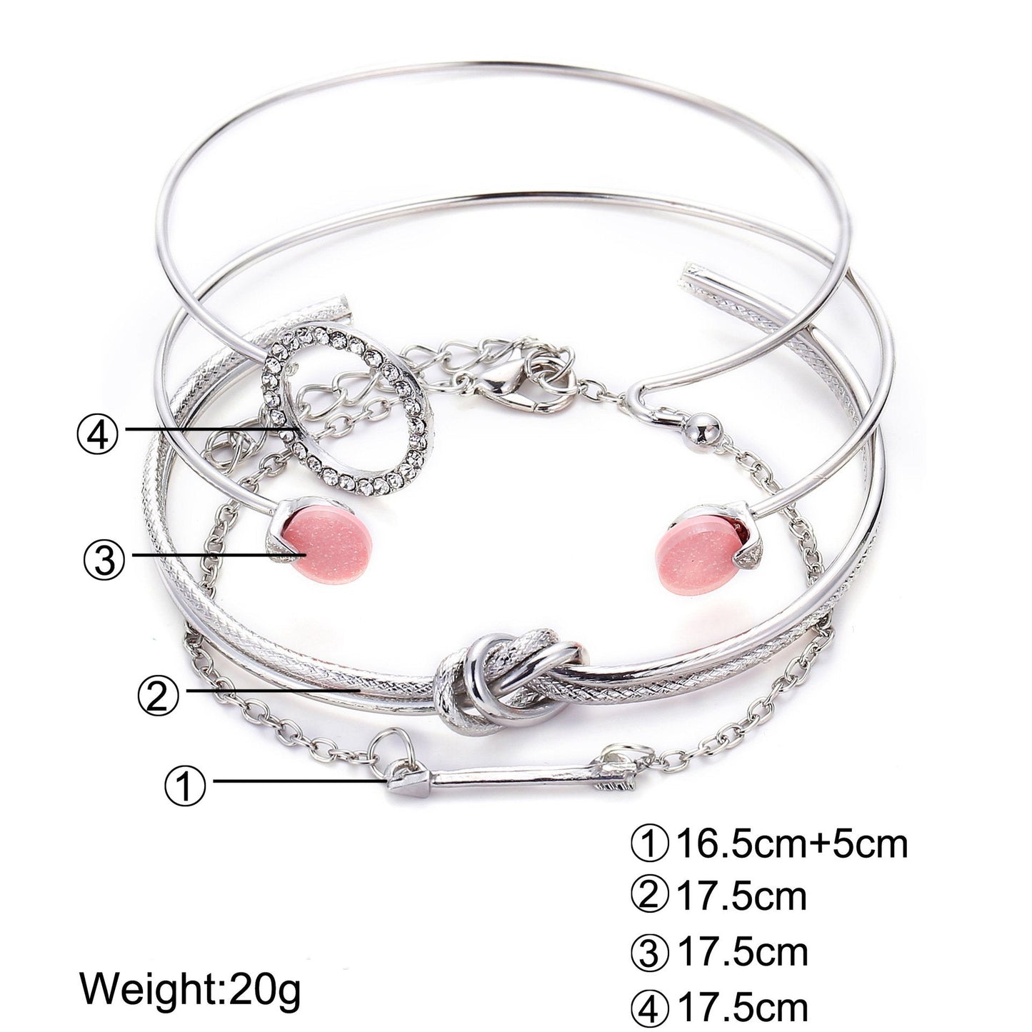 4 Piece Pink Bracelet Set With Crystals  Silvertone Bracelet ITALY Design