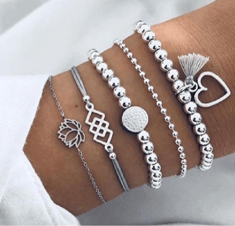 5 Piece Gray Tassell Bracelet Set  Silvertone Bracelet ITALY Design