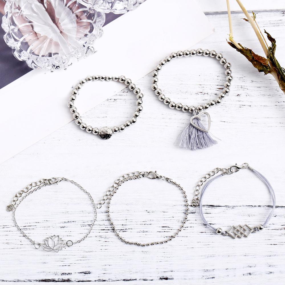 5 Piece Gray Tassell Bracelet Set  Silvertone Bracelet ITALY Design
