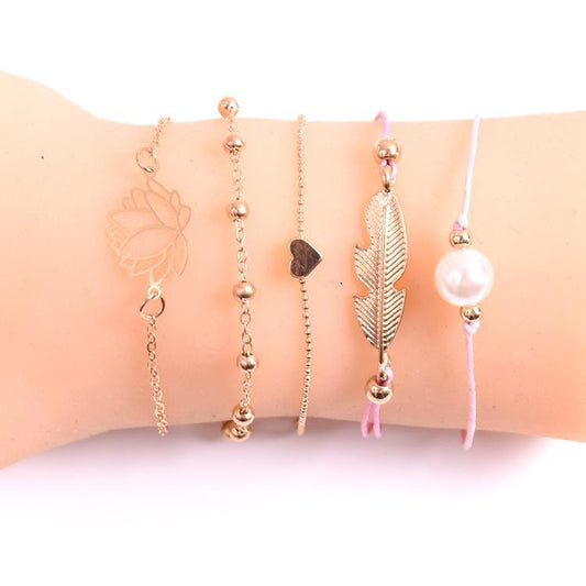 5 Piece Pink Pearl Bracelet Set Goldtone Bracelet ITALY Design