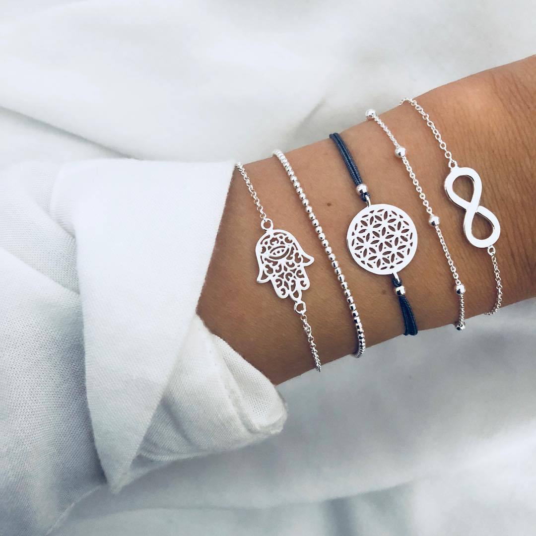 5 Piece Hamsa Infinity Bracelet Set  Silvertone Bracelet ITALY Design
