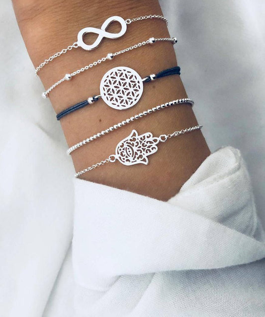 5 Piece Hamsa Infinity Bracelet Set  Silvertone Bracelet ITALY Design