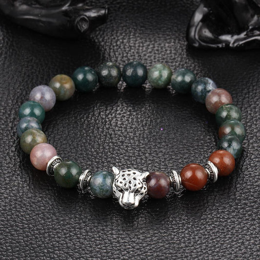 Jaguar Natural Stone Stretch  Silvertone Bracelet ITALY Design