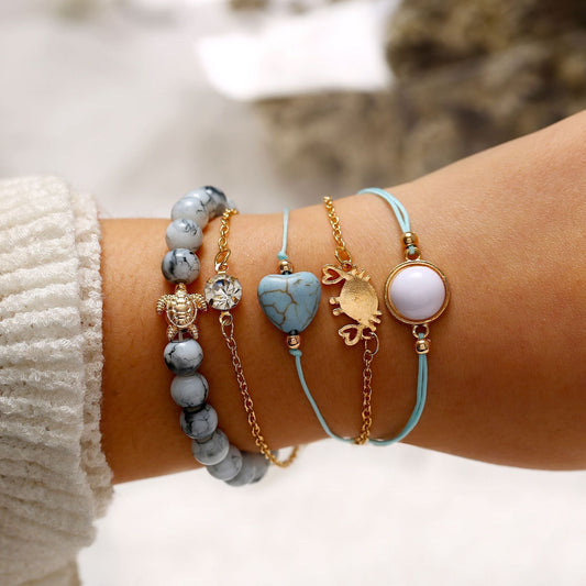 5 Piece Blue Turtle Bracelet Set With Luxe Crystals  Silvertone Bracelet ITALY Design
