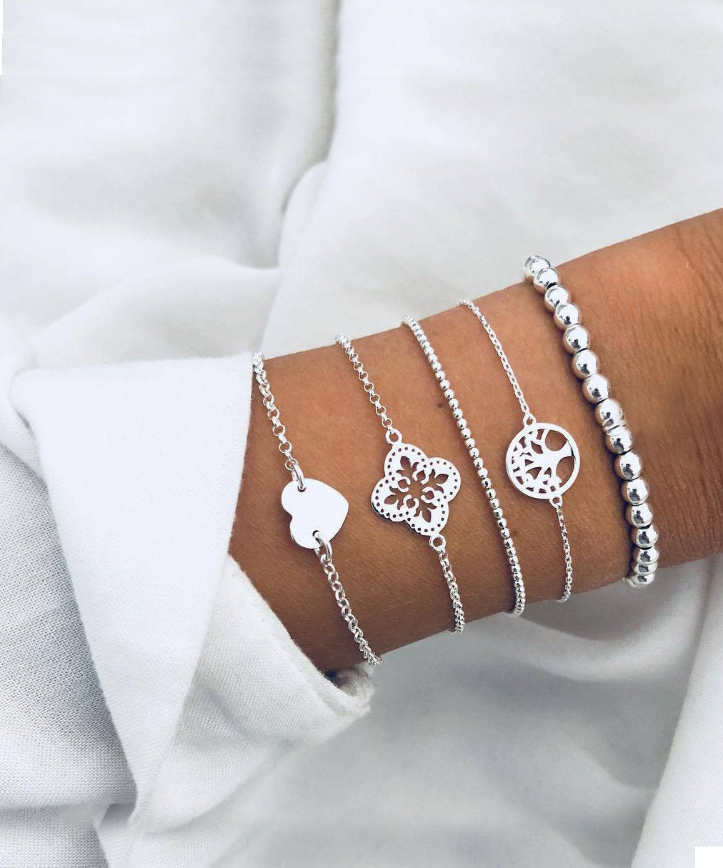 5 Piece Blue Bohemian Tree of Life Bracelet Set  Silvertone Bracelet ITALY Design