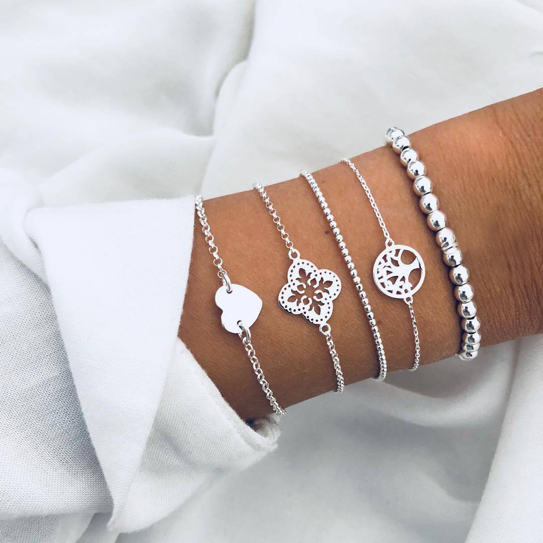 5 Piece Blue Bohemian Tree of Life Bracelet Set  Silvertone Bracelet ITALY Design