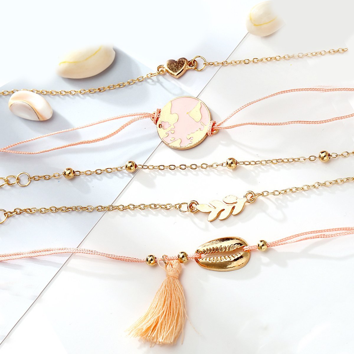 5 Piece Pink Global Tassell Bracelet Set Rosegoldtone Bracelet ITALY Design
