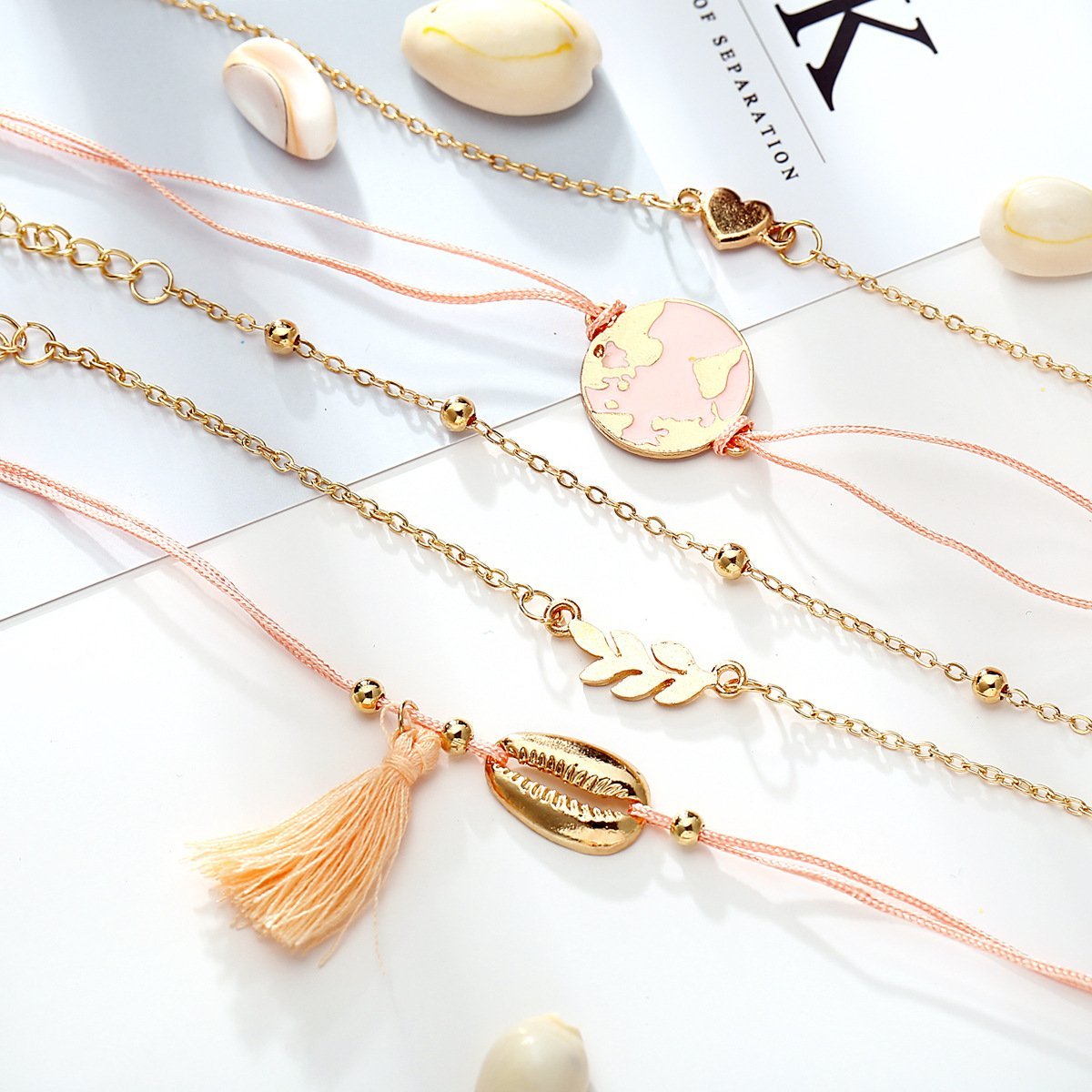 5 Piece Pink Global Tassell Bracelet Set Rosegoldtone Bracelet ITALY Design