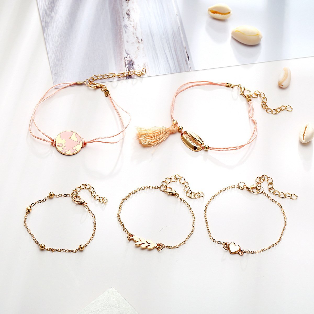 5 Piece Pink Global Tassell Bracelet Set Rosegoldtone Bracelet ITALY Design