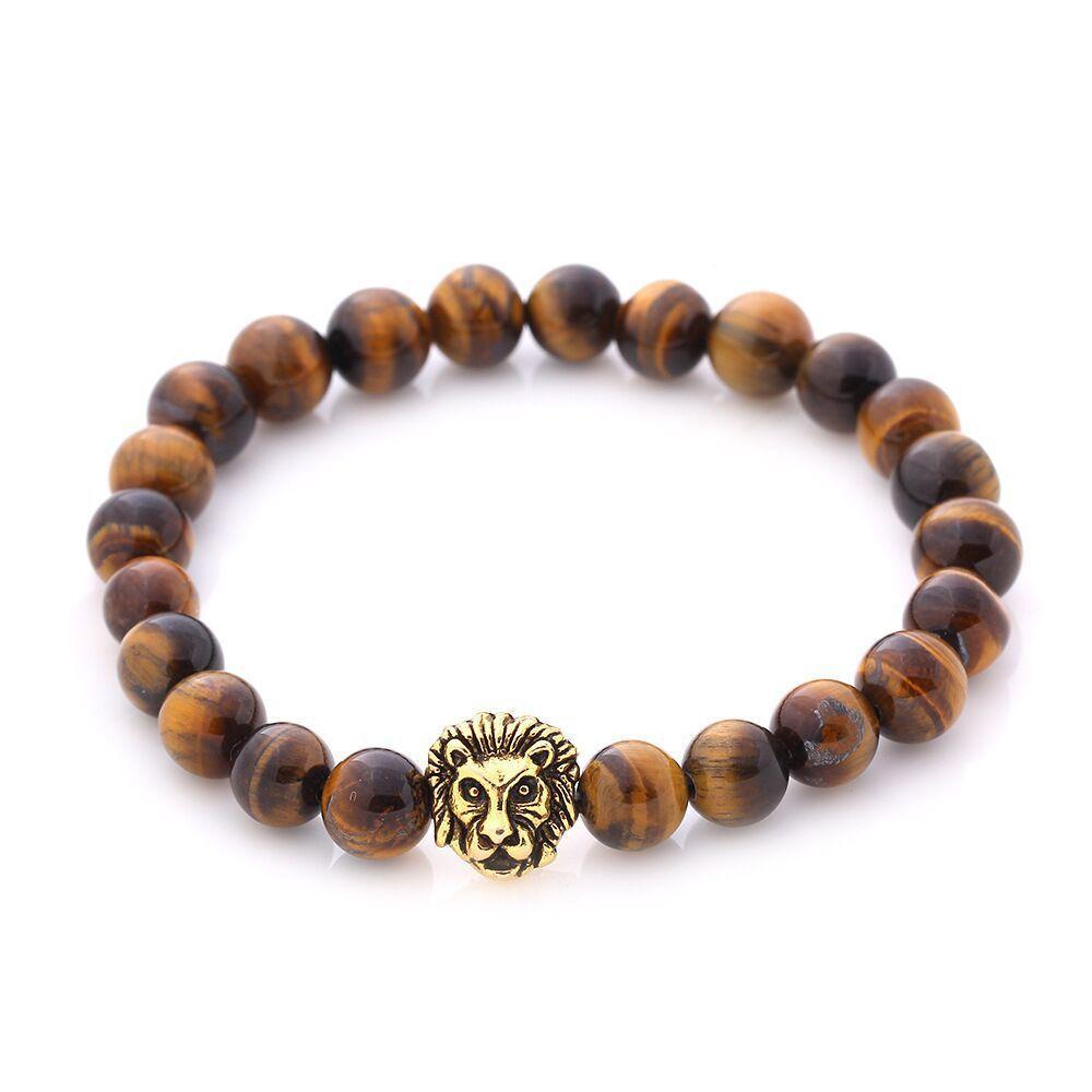 Brown Natural Stone Lion Head Stretch Goldtone Bracelet ITALY Design