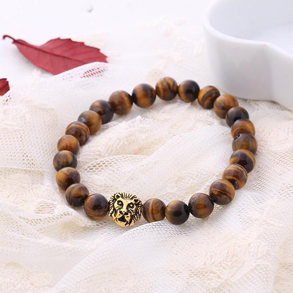 Brown Natural Stone Lion Head Stretch Goldtone Bracelet ITALY Design