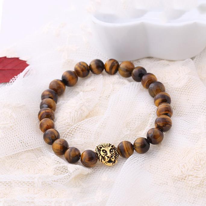 Brown Natural Stone Lion Head Stretch Goldtone Bracelet ITALY Design