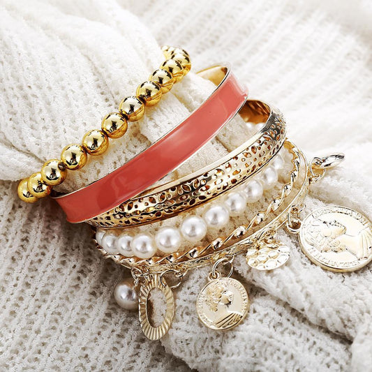 4 Piece Coral Bracelet Set Goldtone Bracelet ITALY Design