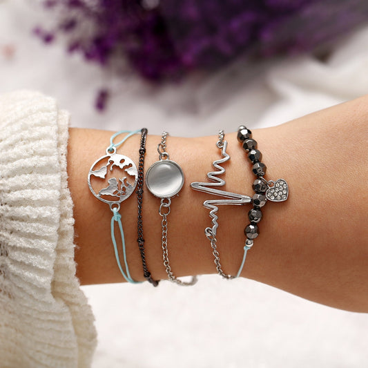 5 Piece Heartbeat Bracelet Set  Silvertone Bracelet ITALY Design