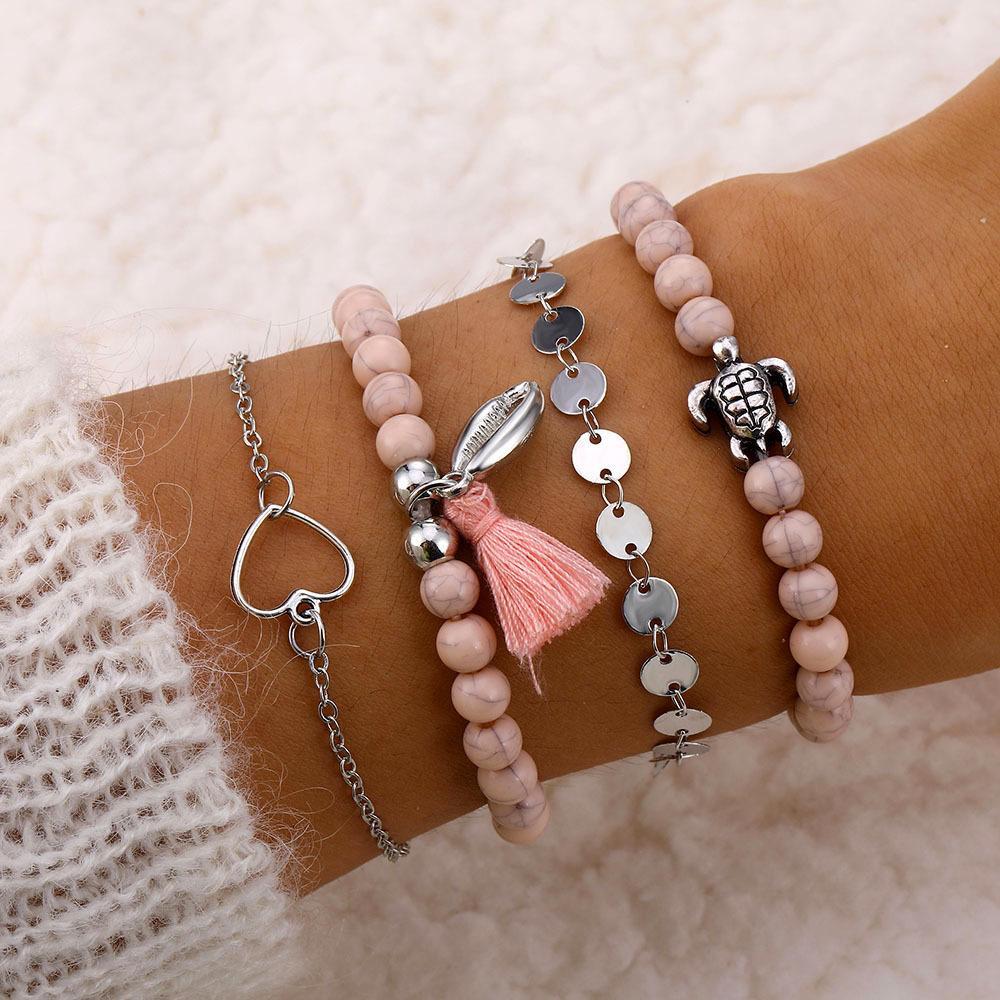 4 Piece Pink Tassell Bracelet Set  Silvertone Bracelet ITALY Design