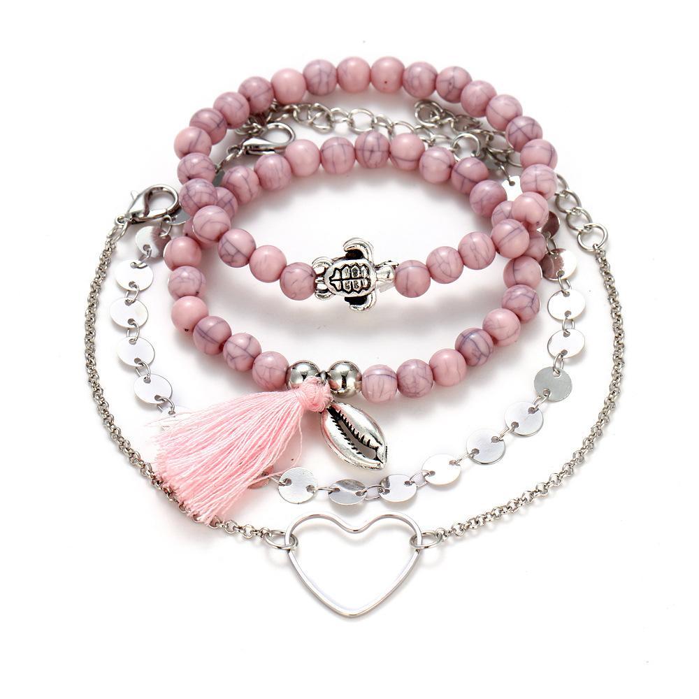 4 Piece Pink Tassell Bracelet Set  Silvertone Bracelet ITALY Design
