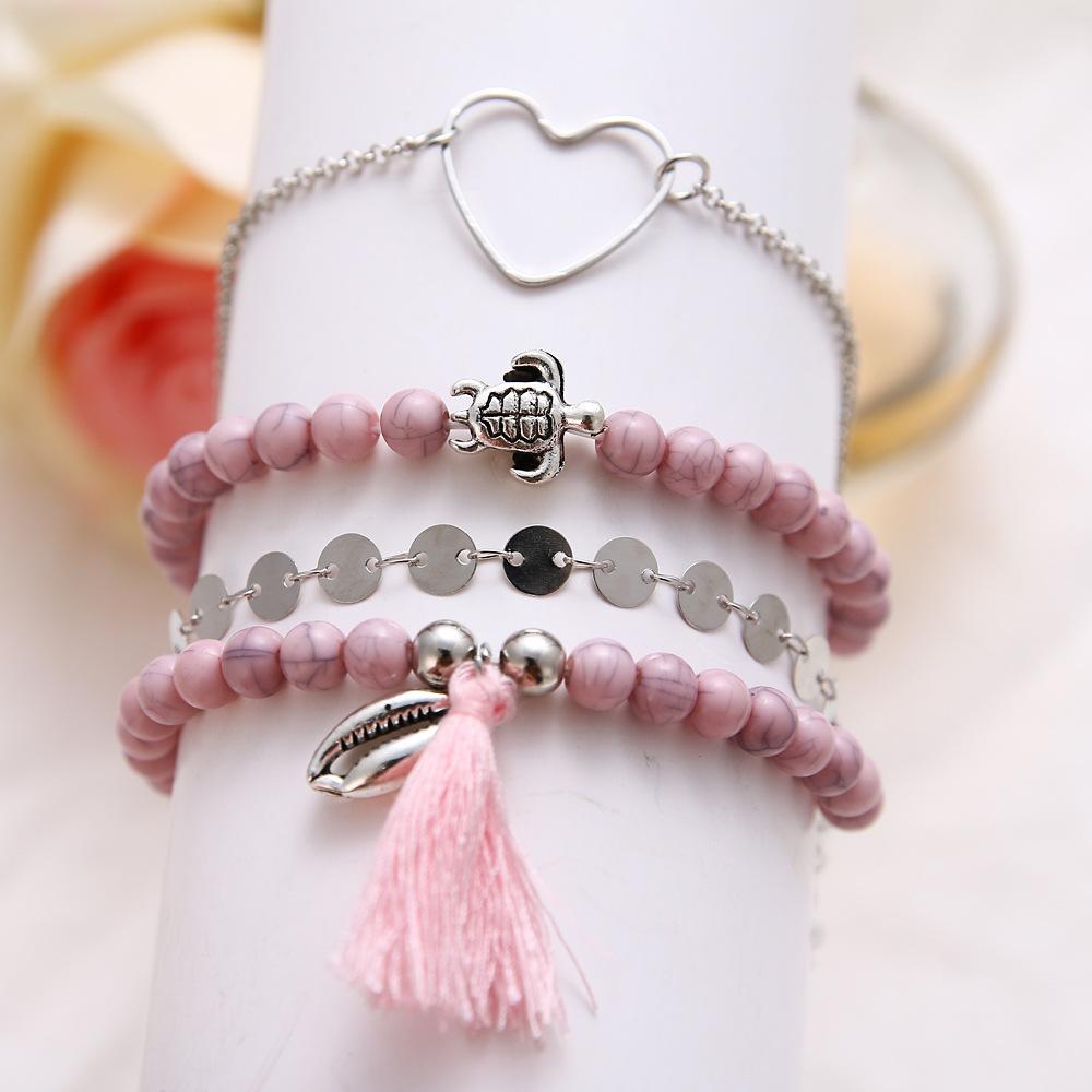 4 Piece Pink Tassell Bracelet Set  Silvertone Bracelet ITALY Design