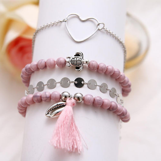 4 Piece Pink Tassell Bracelet Set  Silvertone Bracelet ITALY Design