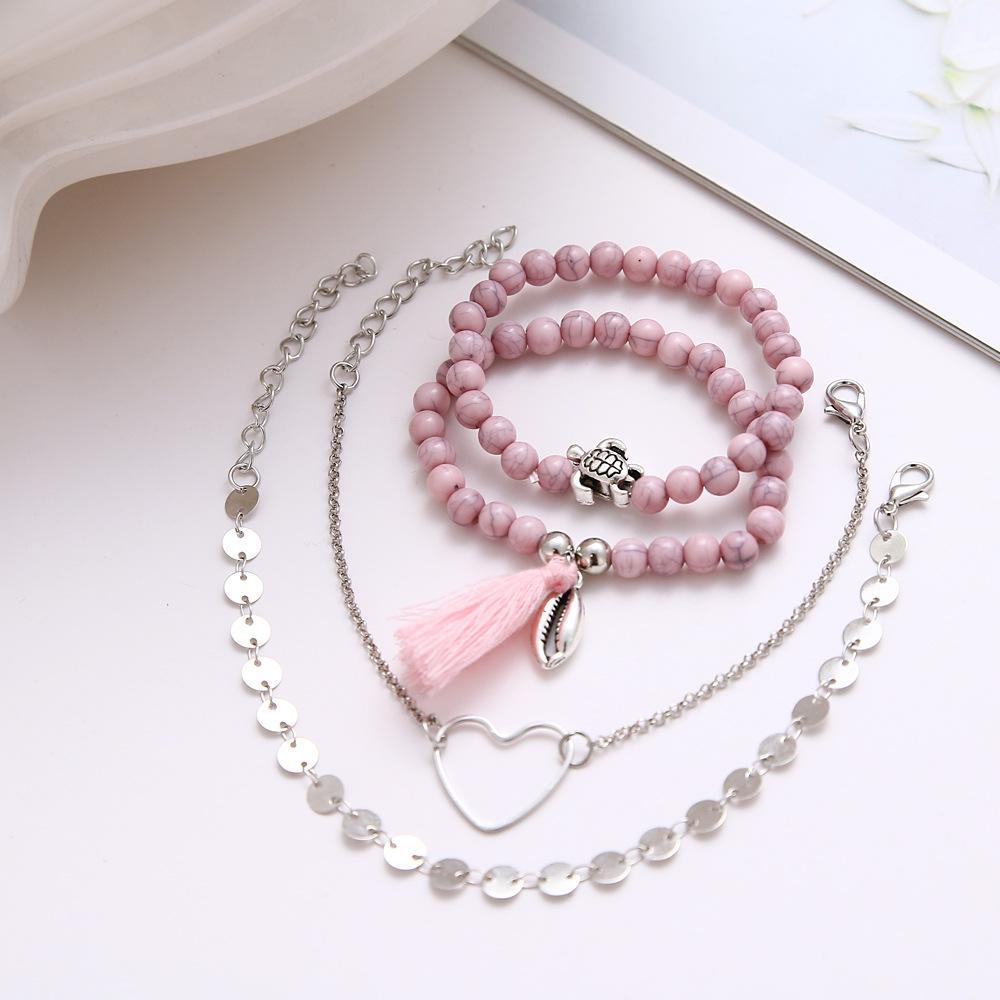 4 Piece Pink Tassell Bracelet Set  Silvertone Bracelet ITALY Design