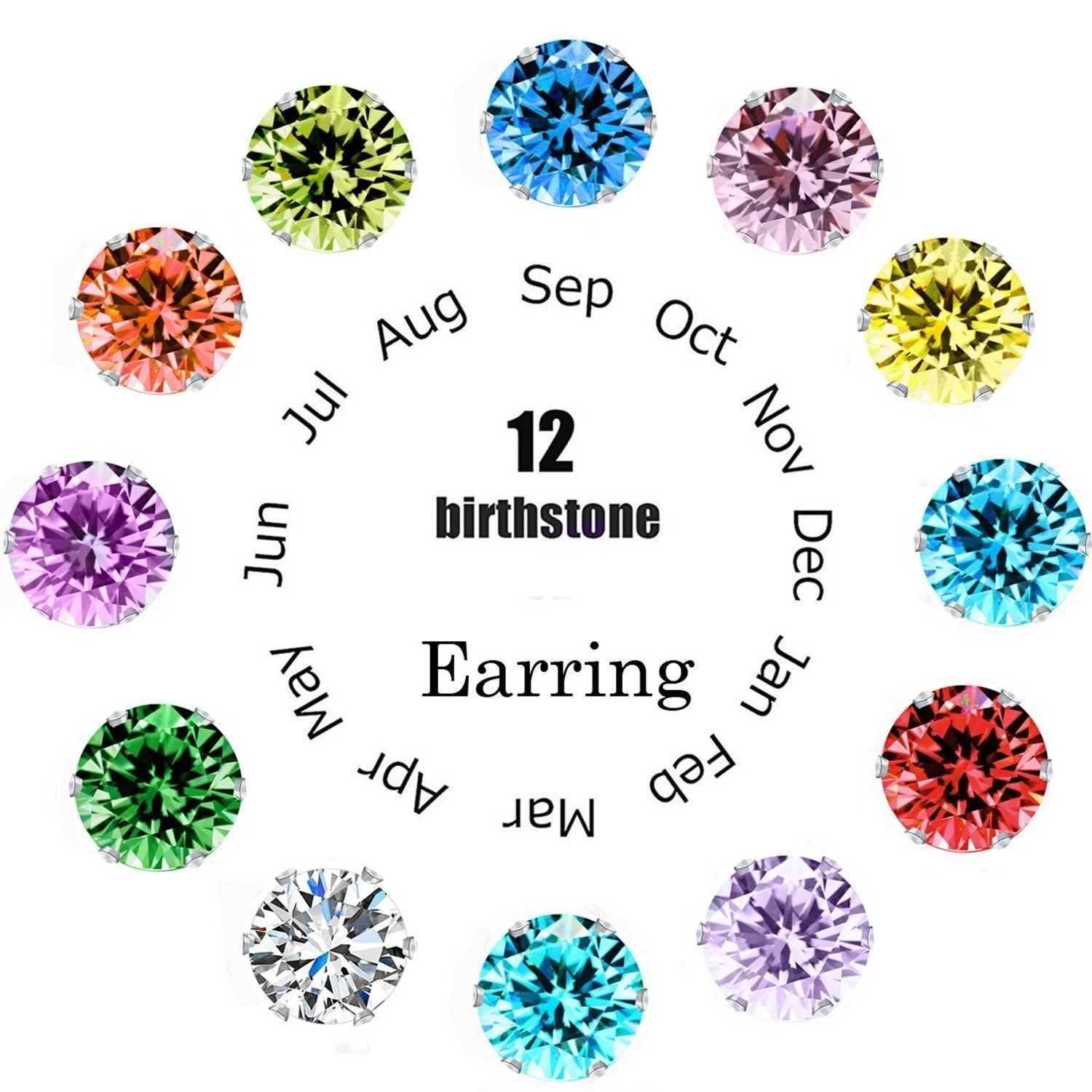 12 Piece Stud Earring Set With Gemstone  Crystals  Silvertone Earring 