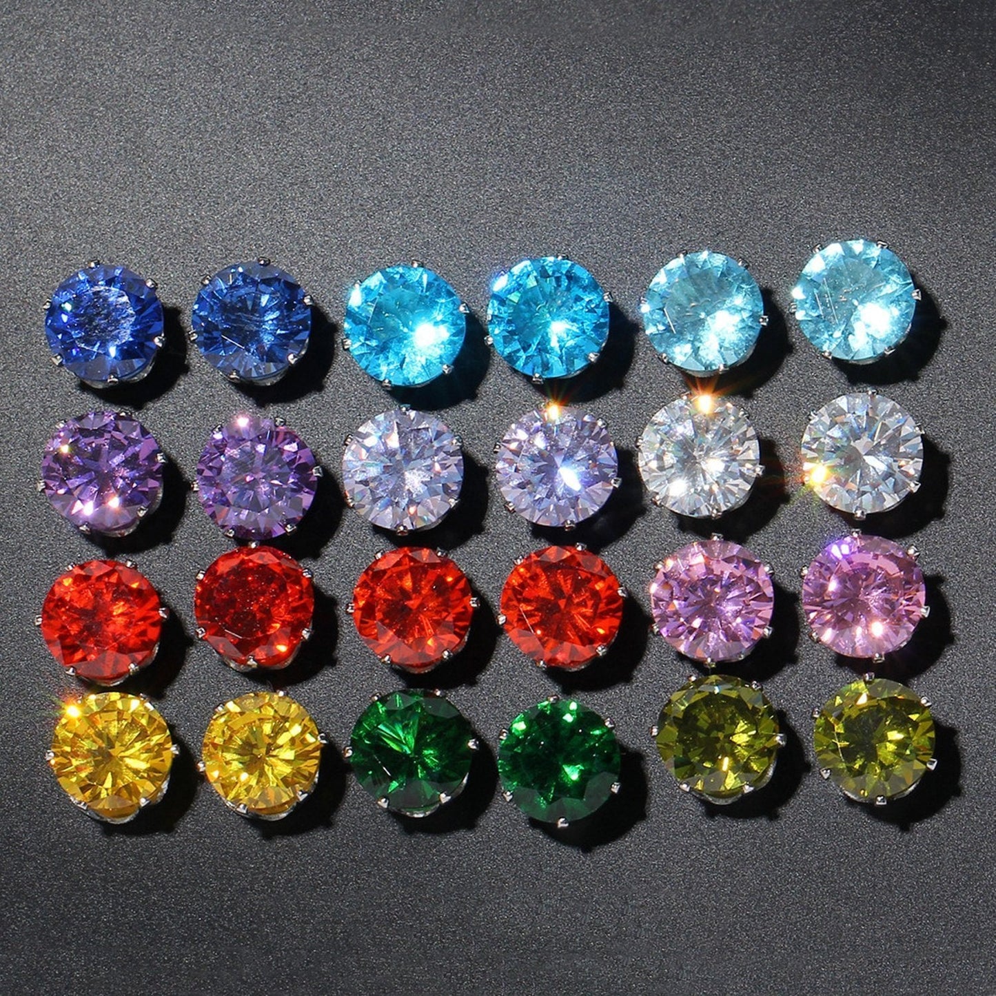 12 Piece Stud Earring Set With Gemstone  Crystals  Silvertone Earring 