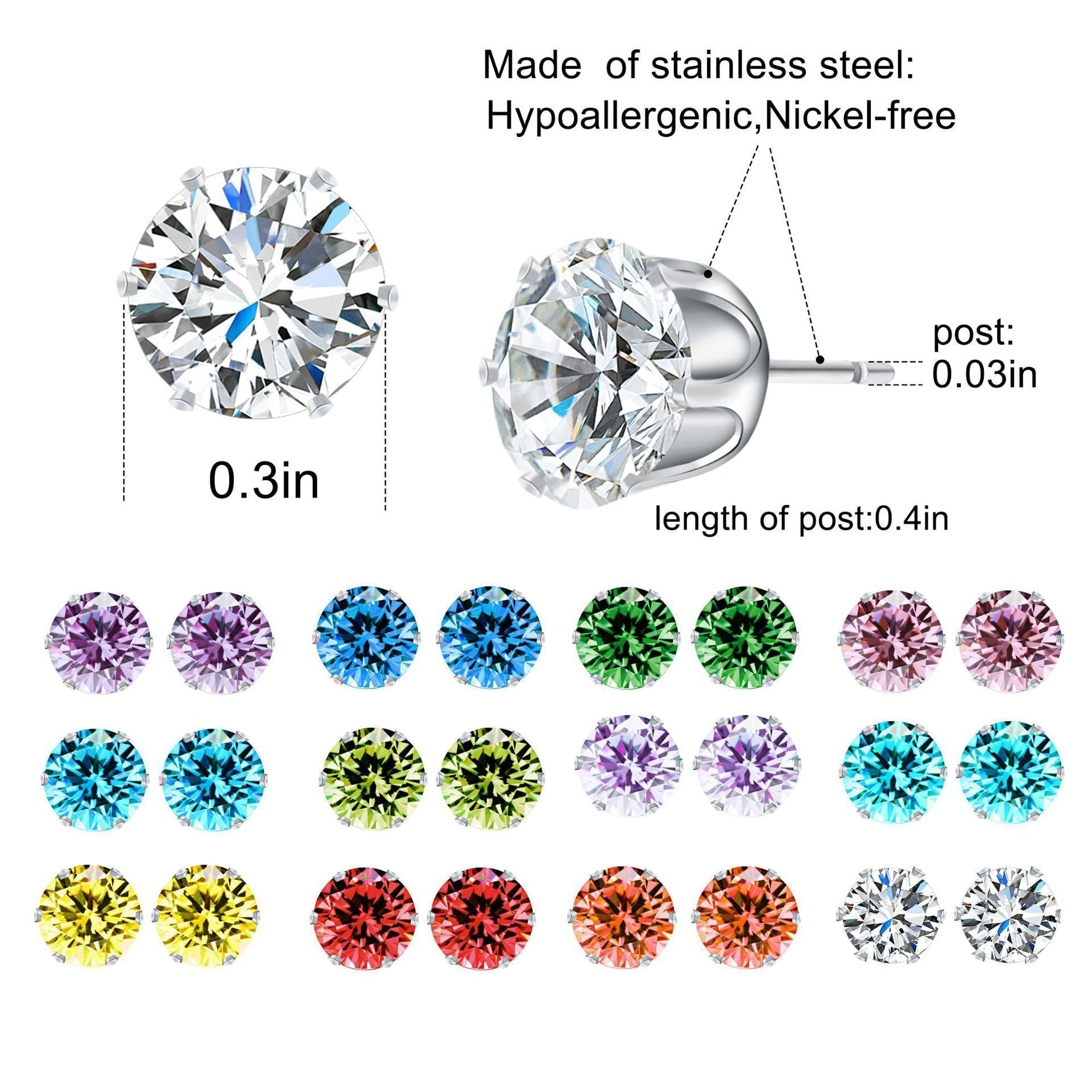 12 Piece Stud Earring Set With Gemstone  Crystals  Silvertone Earring 