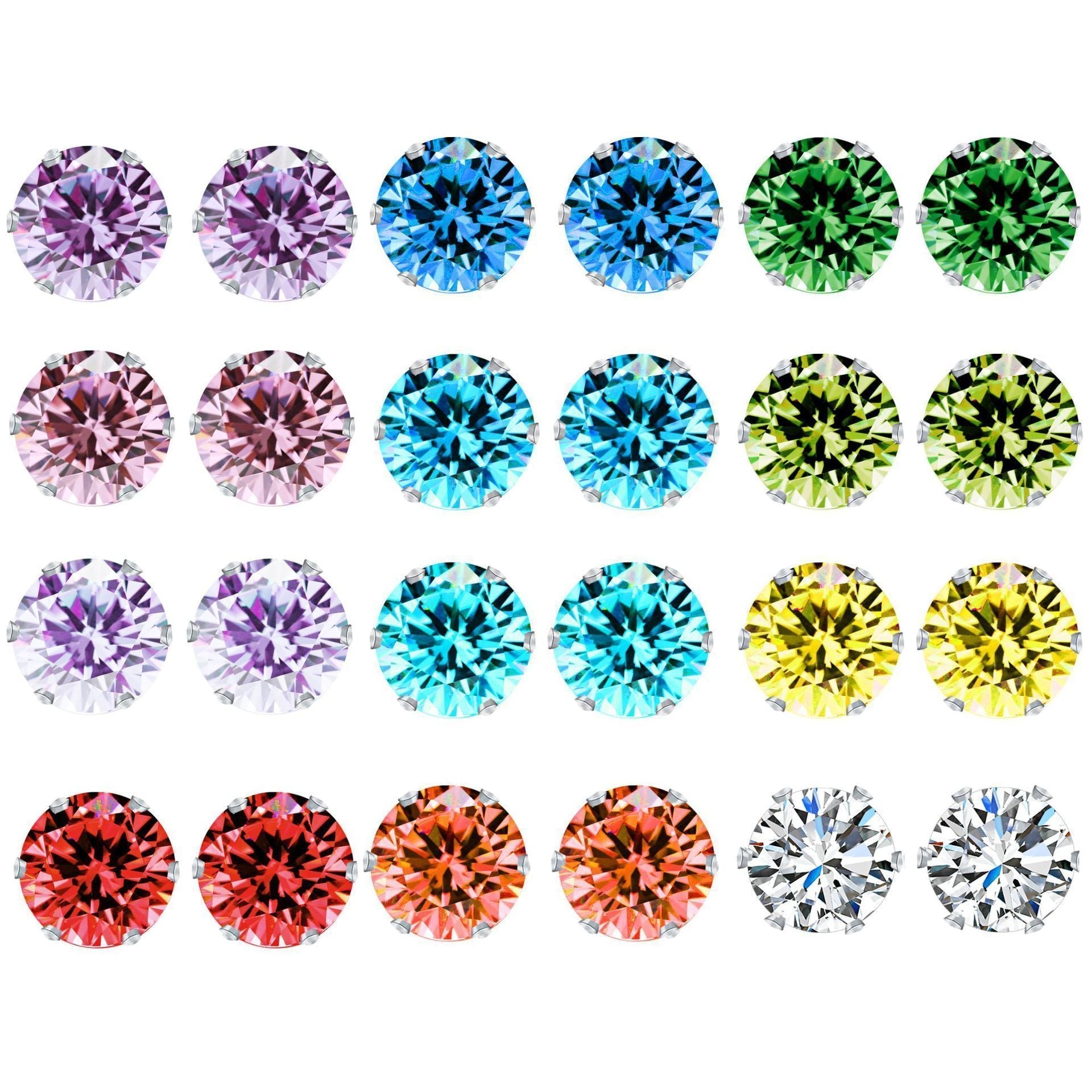 12 Piece Stud Earring Set With Gemstone  Crystals  Silvertone Earring 