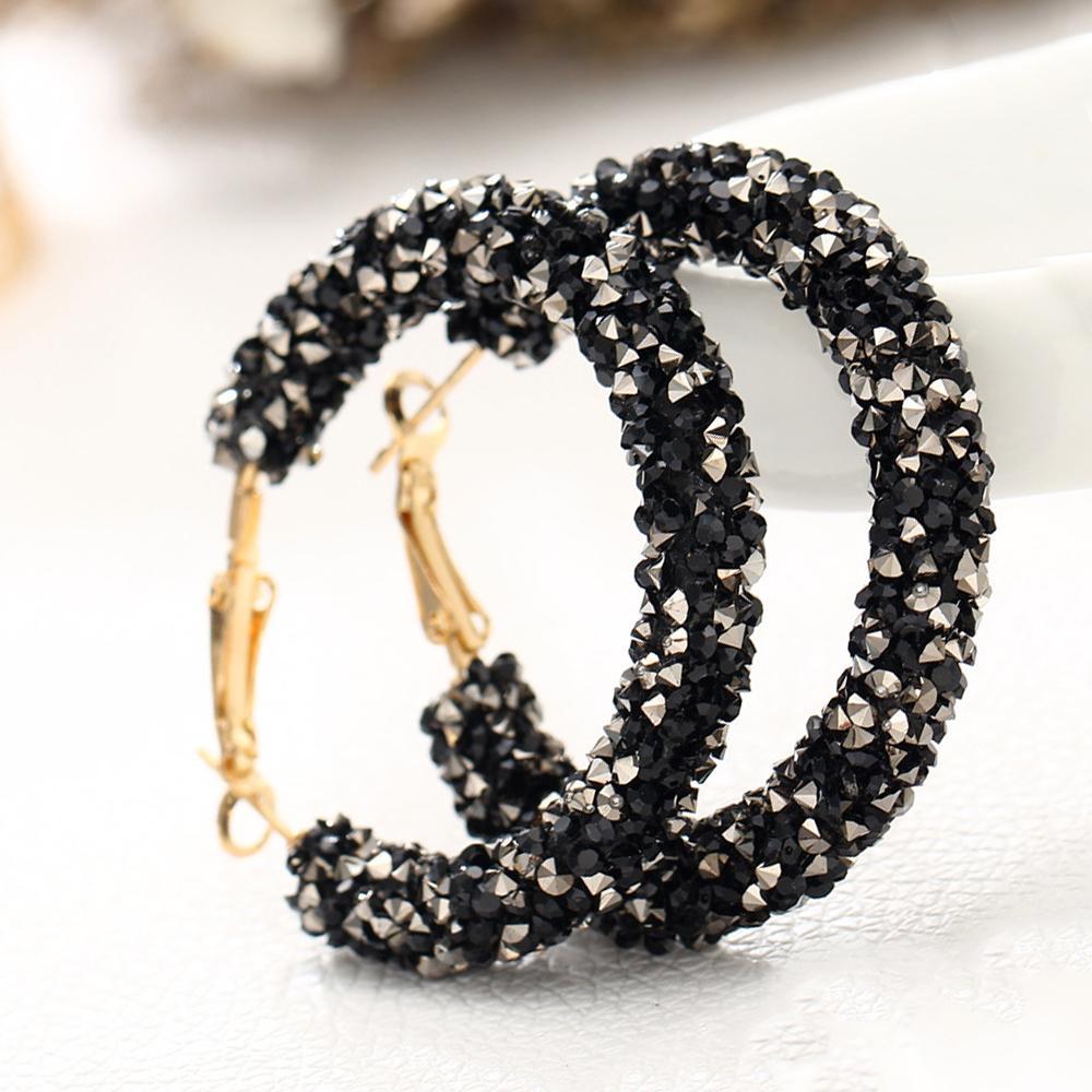 Crystaldust Hoop Earring With Gemstone  Crystals - Black Goldtone Earring