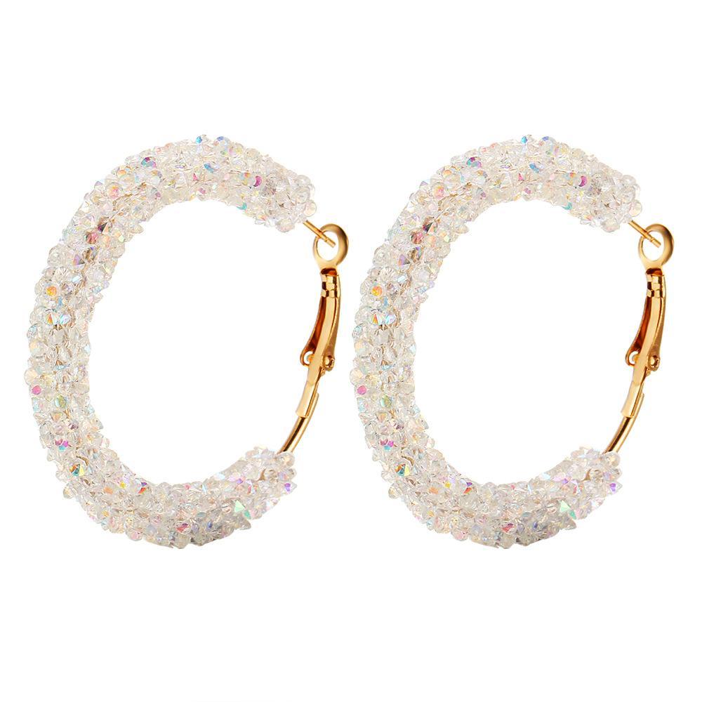 Crystaldust Hoop Earring With Gemstone  Crystals - White  Goldtone Earring