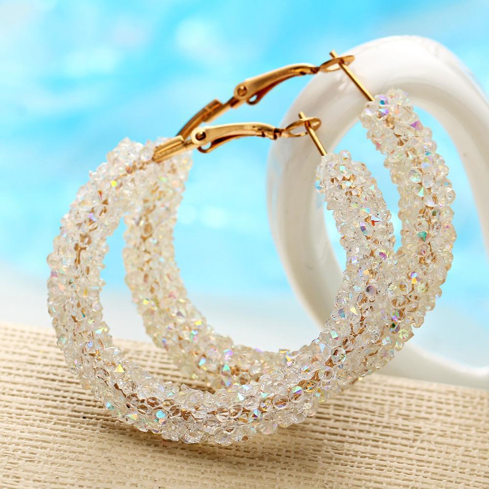 Crystaldust Hoop Earring With Gemstone  Crystals - White  Goldtone Earring