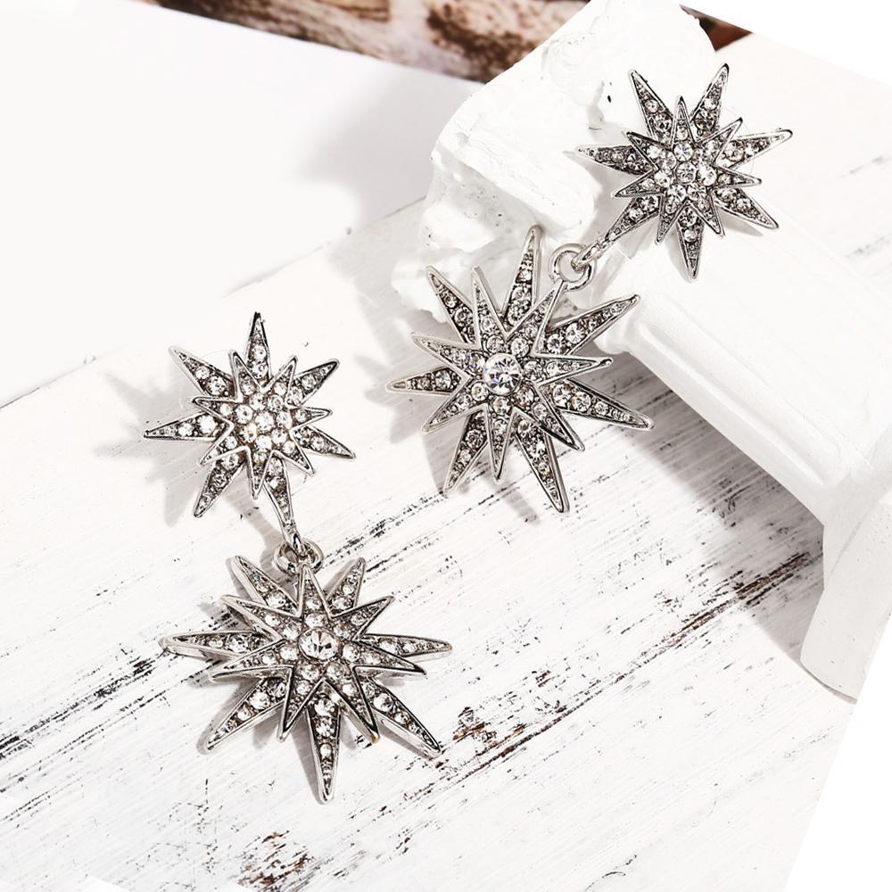 Celestial Star Drop Earring With Gemstone  Crystals  Silvertone Earring 