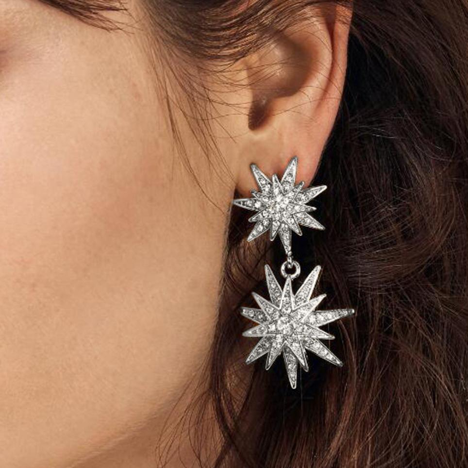 Celestial Star Drop Earring With Gemstone  Crystals  Silvertone Earring 