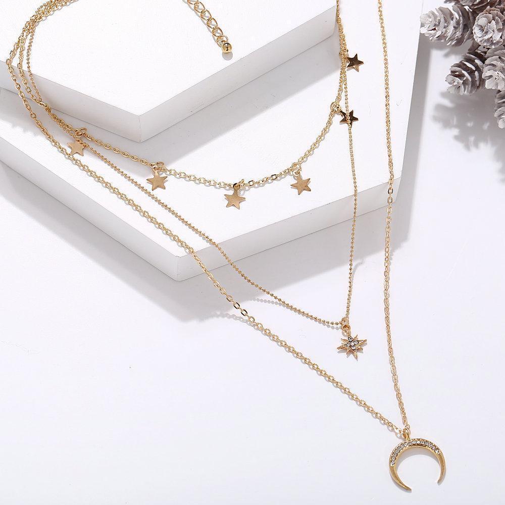 3 Piece Celestial Drop Necklace With Gemstone  Crystals Goldtone Necklace