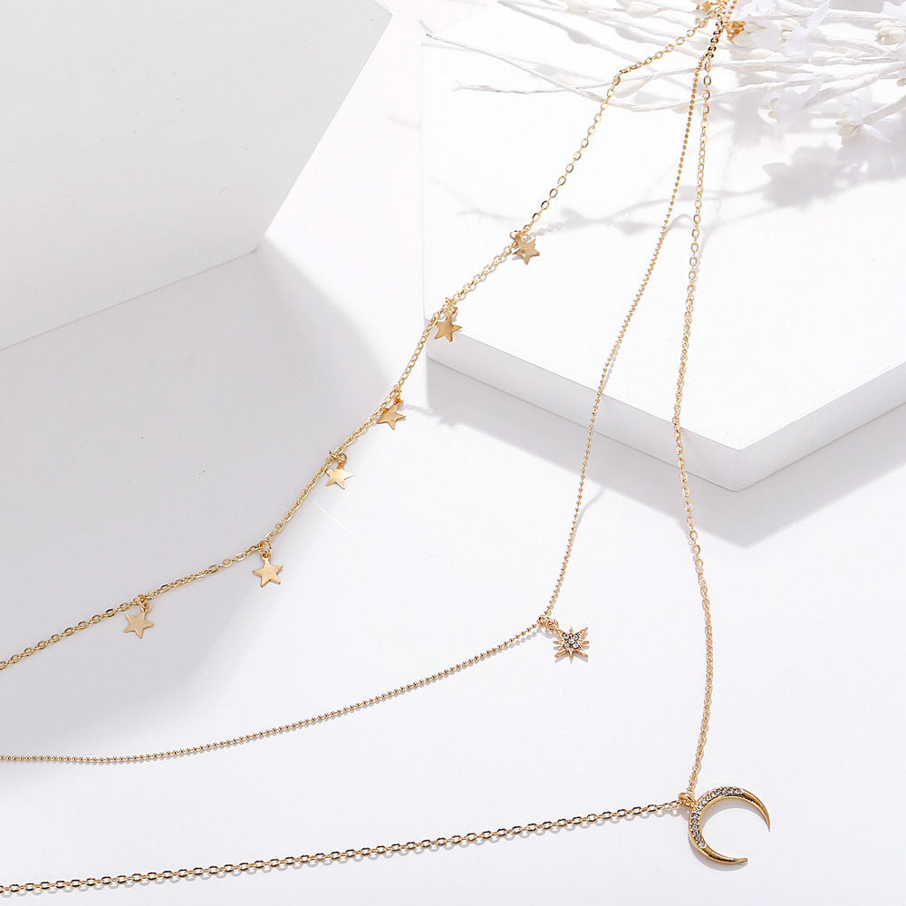 3 Piece Celestial Drop Necklace With Crystals Goldtone Necklace in Goldtone