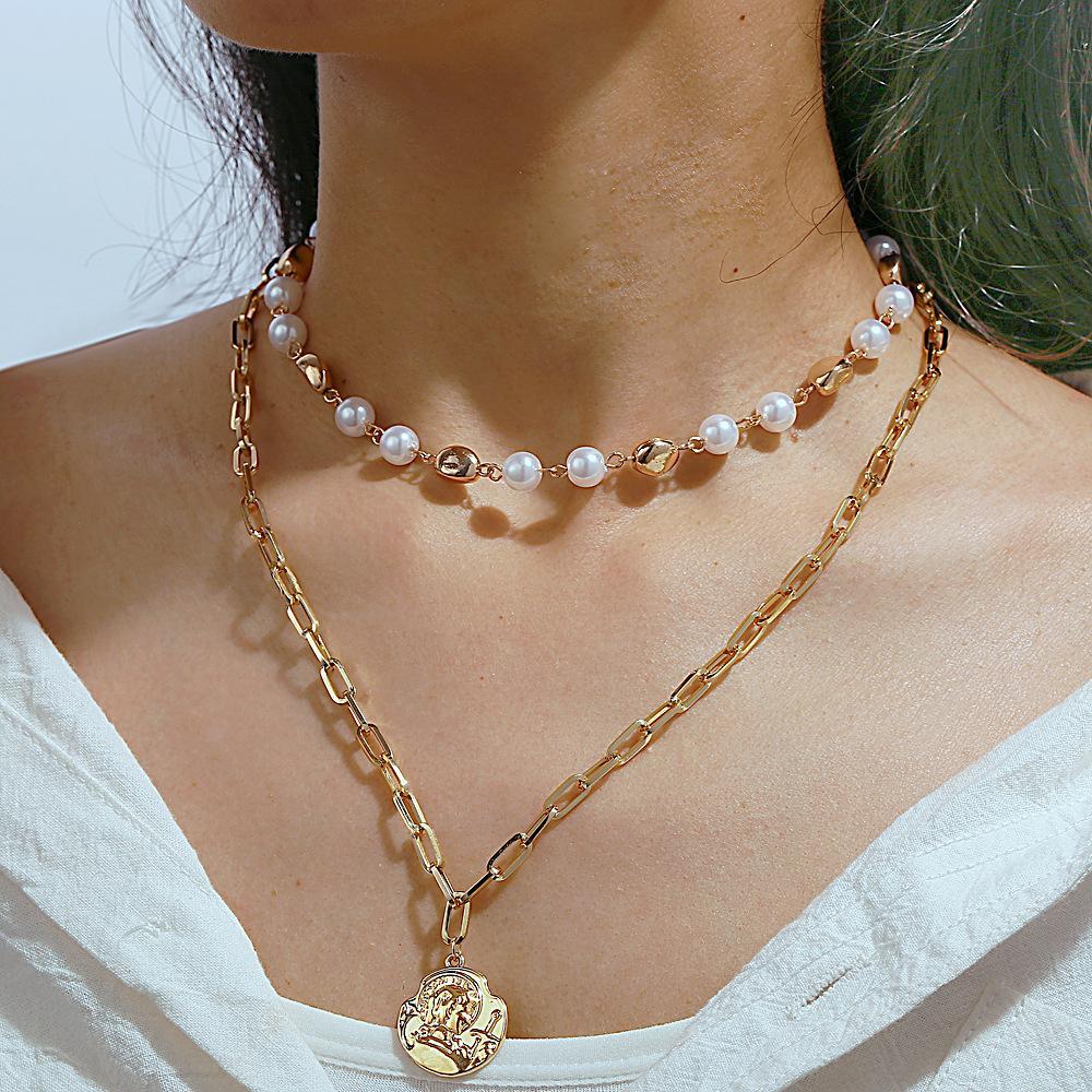 2 Piece Pearl Coin Head Necklace Goldtone Necklace ITALY Design