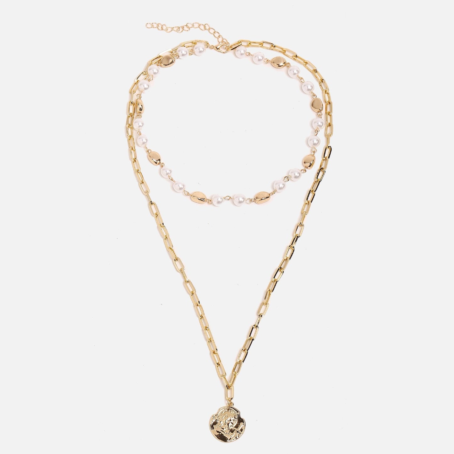 2 Piece Pearl Coin Head Necklace Goldtone Necklace ITALY Design